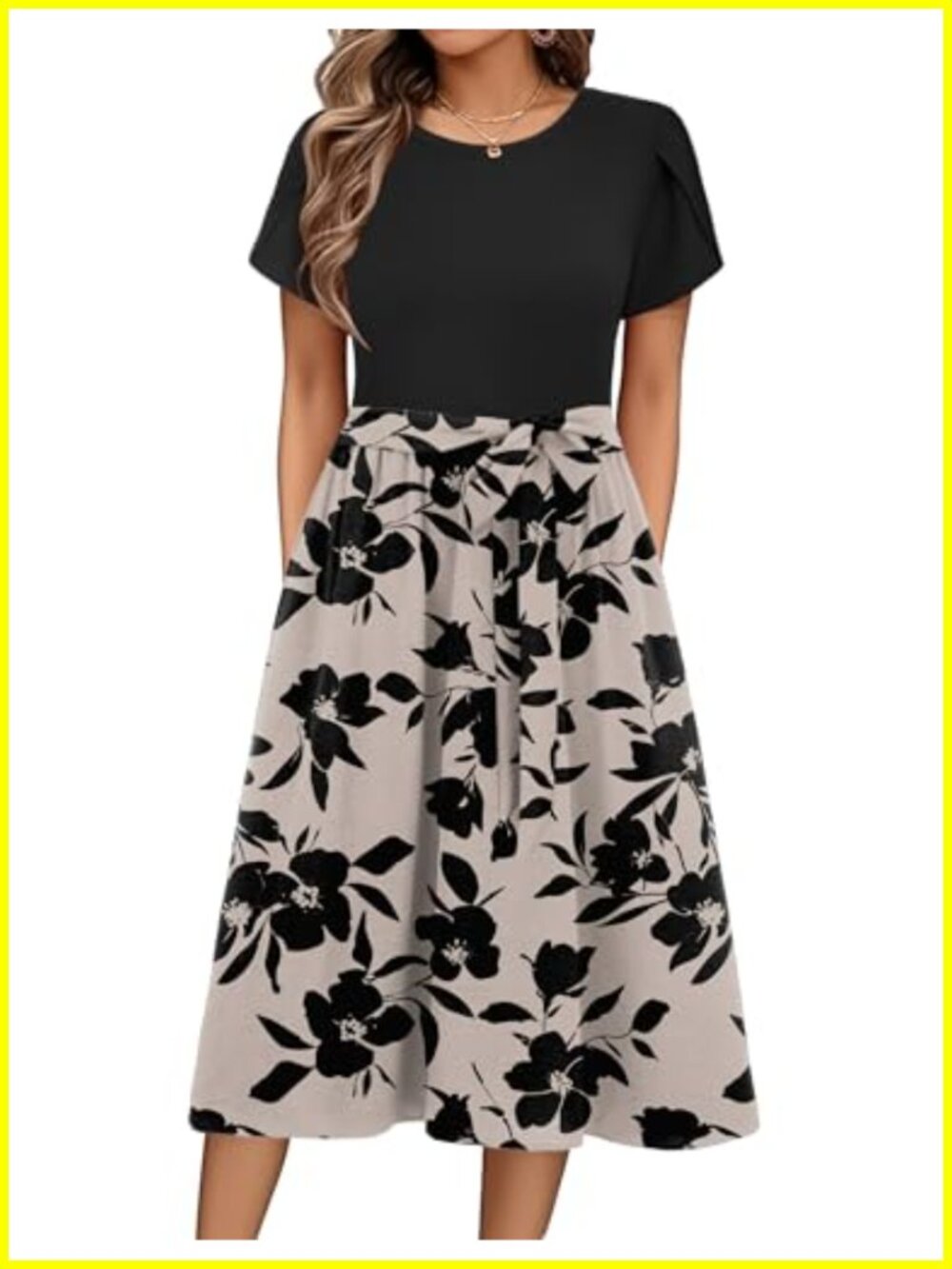 Midi Dress Summer Short Sleeve Floral Casual T-Shirt Dress with Pockets Flowy
